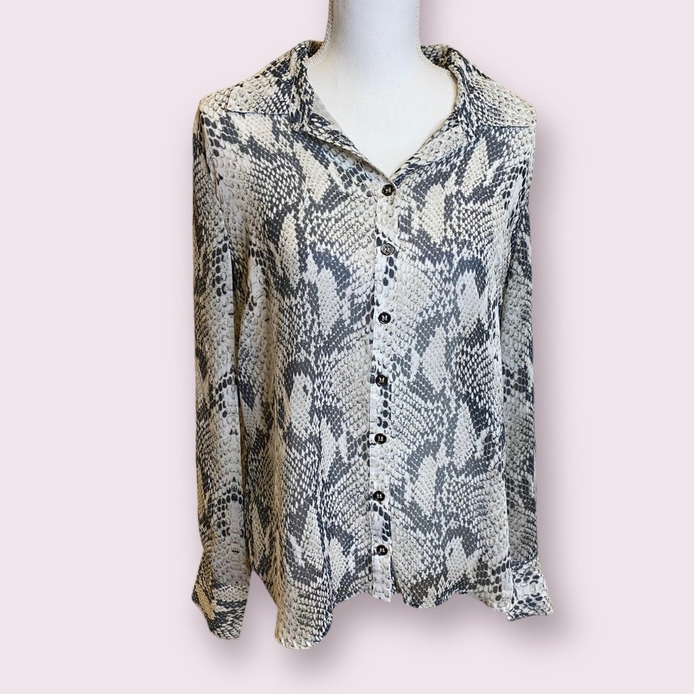 Lulu’s | Women’s | Snake it Off Grey Snake Print Sheer Button-Up Top | Size: Me